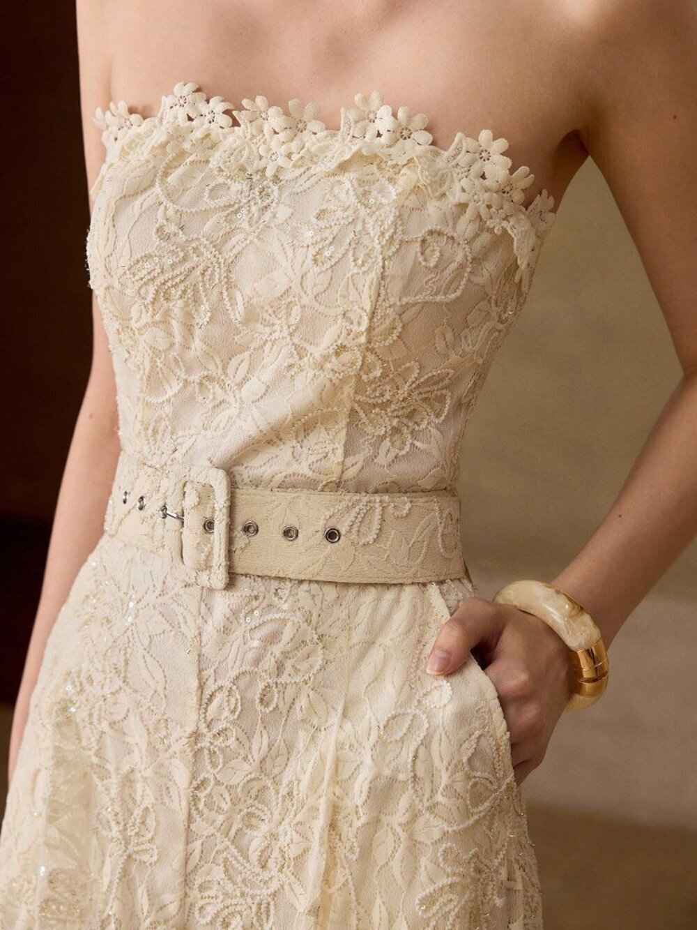 Apricot Elegant Women's Lace Textured Jumpsuit